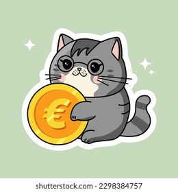 Vector kawaii cute cat mascot with gold coin euro illustration rich cat EUR