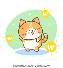 Vector kawaii cute cat mascot with gold coin korean won symbol illustration rich cat KRW