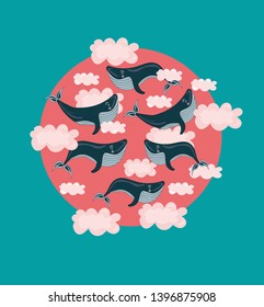 Vector kawaii cute nice children illustration with flying whales in the pink clouds. Dream, fantasy, imagination concept. Print design.