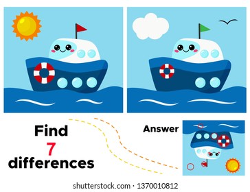 Vector kawaii cute ship. Find 7 differences. Educational game for kids. Activity worksheet with answer.