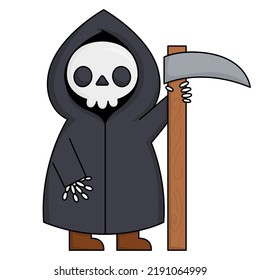 Vector kawaii death with a scythe. Cute Halloween character for kids. Funny autumn all saints day cartoon illustration. Samhain party day of the dead icon or symbol for children
