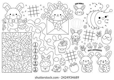 Vector kawaii Easter placemat for kids. Spring holiday printable activity mat with maze, tic tac toe charts, connect the dots, find difference. Black and white play mat, coloring page with bunny
