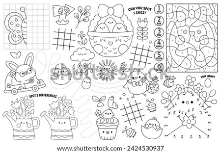 Vector kawaii Easter placemat for kids. Spring holiday printable activity mat with maze, tic tac toe charts, connect the dots, find difference. Black and white play mat, coloring page with bunny
