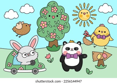 Vector kawaii Easter scene with bunny on a car and chick with basket. Spring cartoon illustration. Cute holiday egg hunt scenery for kids with tree, bird, panda bear. Sunny day picture
