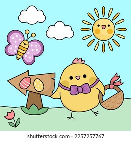 Vector kawaii Easter scene with chick and basket. Spring cartoon illustration. Cute holiday egg hunt scenery for kids with arrow, butterfly, flowers. Sunny day picture
