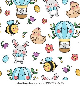 Vector kawaii Easter seamless pattern for kids. Cute cartoon repeat background. Traditional symbols digital paper with colored eggs, bunny, chick, hot air balloon. Spring holiday texture
