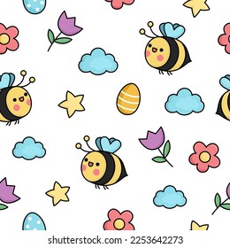Vector kawaii Easter seamless pattern for kids. Cute cartoon repeat background. Traditional symbols digital paper with colored eggs, bumblebees, clouds, tulips. Spring holiday texture
