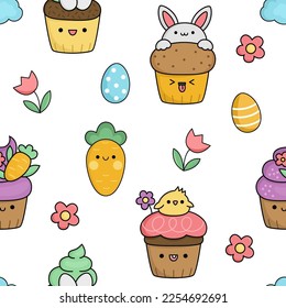 Vector kawaii Easter seamless pattern for kids with funny cupcakes. Cute cartoon repeat background. Traditional symbols digital paper with colored eggs, cakes, carrot. Spring holiday texture
