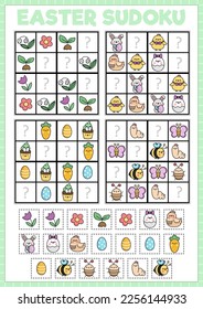 Rompecabezas de sudoku vector kawaii de Pascua para niños con fotos. Prueba sencilla de vacaciones de primavera con elementos de pegamento y corte. Actividad educativa en el jardín con conejito, polluelo, flor, huevo. Buscar objetos que faltan