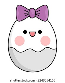 Vector kawaii egg icon for kids. Cute Easter symbol illustration. Funny cartoon character. Adorable spring smiling clipart with bow and pink cheeks
