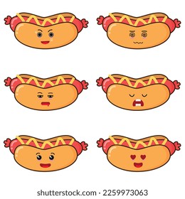 vector kawaii fast food cute hot dog set illustration