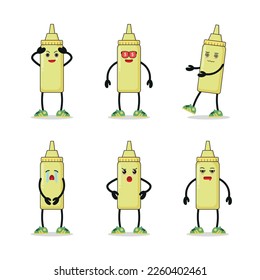 vector kawaii fast food cute mustard sauces illustration mayonnaise for kid isolated character set concept
