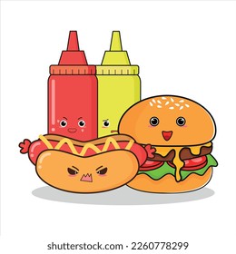 vector kawaii fast food cute hot dog with mustard mayonnaise set illustration