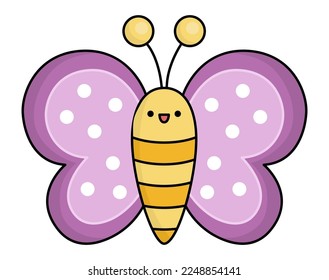 Vector kawaii flying butterfly icon for kids. Cute animal illustration. Funny cartoon character. Adorable purple insect clipart
