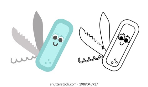 Vector kawaii folding knife colored and black and white illustration. Portable cutting equipment icon. Clasp device for active outdoor tourism. Corkscrew picture. Cute coloring page
