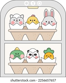 Vector kawaii fridge with egg packaging and hatching animals inside. Easter illustration with cute cat, chick and bunny sitting in eggshell. Cute spring icon for kids
