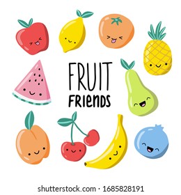 Vector kawaii fruits isolated items. Set of 10 fruits apple, lemon, orange, pineapple, pear, blueberry, banana, cherry, peach, watermelon.