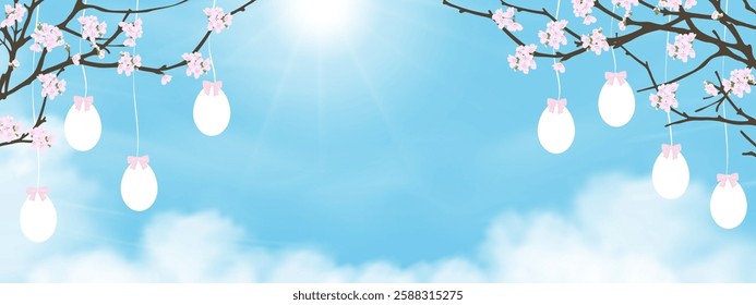 Vector Kawaii Garden Landscape Background With Flower And Sky, Summer Banner Frame For Nature And Easter, Tree Illustration In Spring Grass, Cute Cartoon Scenery With Design And Copy Space