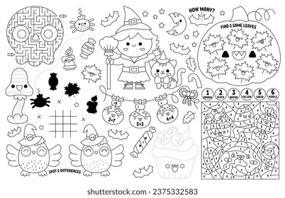 Vector kawaii Halloween placemat for kids. Fall holiday printable activity mat with maze, tic tac toe chart, connect the dots, find difference. Black and white autumn play mat or coloring page