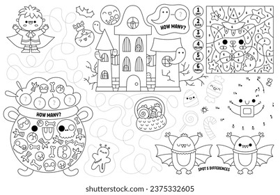 Vector kawaii Halloween placemat for kids. Fall holiday printable activity mat with maze, tic tac toe chart, connect the dots, find difference. Black and white autumn play mat or coloring page
