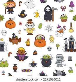 Vector kawaii Halloween seamless pattern for kids. Cute cartoon Samhain party repeat background. Scary collection with pumpkin, haunted house, witch, vampire. Autumn holiday digital paper
