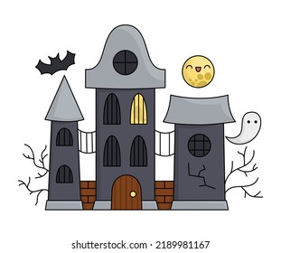 Vector Kawaii Haunted House. Cute Halloween Building For Kids. Funny Autumn All Saints Day Cartoon Scary Illustration. Samhain Party Spooky Cottage Icon With Moon, Ghost, Bat For Children
