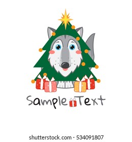 Vector kawaii husky, malamute, wolf with Christmas tree, presents and with big blue sparkle anime eyes