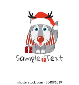 Vector kawaii husky, malamute, wolf with Santa hat and deer horn masquerade outfit, with big blue sparkle anime eyes