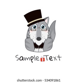 Vector kawaii husky, malamute, wolf with glasses and big hat, with big blue sparkle anime eyes