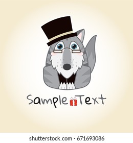 Vector kawaii husky, malamute, wolf with glasses and big hat, with big blue sparkle anime eyes with text for logo, company name or other words, on beige background