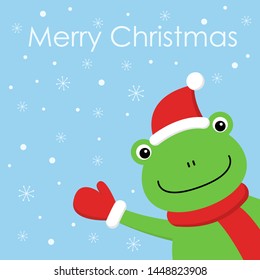 vector kawaii illustration of a cartoon frog with hat and scarf in winter. greeting card