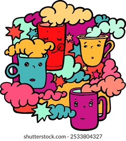 vector kawaii illustration with colorful smiling mugs and steam clouds