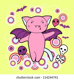 Vector kawaii illustration Halloween cat and creatures.