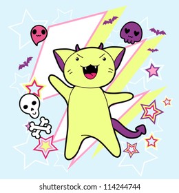 Vector kawaii illustration Halloween cat and creatures.