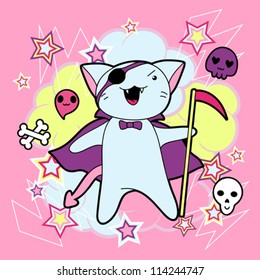 Vector kawaii illustration Halloween cat and creatures.