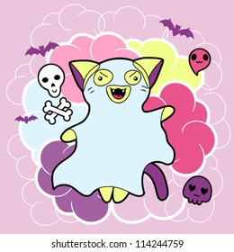 Vector kawaii illustration Halloween cat and creatures.