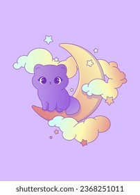 Vector Kawaii Illustration of Kitty on the Moon Delicate Pastel Colors