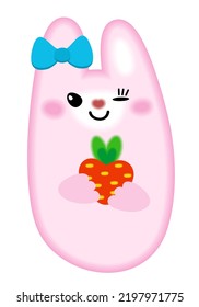 Vector kawaii illustration of pink hare with carrot. Blue ribbon on ear and pretty smile. Isolated on white background.
