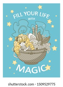 Vector kawaii illustration in vintage, retro blue and gold colors. For posters, prints in Asian food, ramen or noodles cafe or restaurant. Chibi mermaid with plate of ramen and typography inscription
