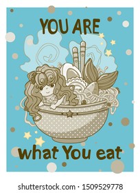 Vector kawaii illustration in vintage, retro blue and gold colors. For posters, prints in Asian food, ramen or noodles cafe or restaurant. Chibi mermaid with plate of ramen and typography inscription