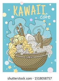 Vector kawaii illustration in vintage, retro blue and gold colors. For posters, prints in Asian food, ramen or noodles cafe or restaurant. Chibi mermaid with plate of ramen and typography inscription