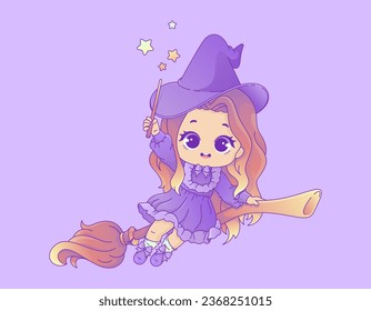 Vector Kawaii Illustration von Hexe auf Broomstick-Pastellfarben