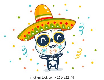 Vector kawaii kid in skeleton costume for Dead day. Dia de los Muertos skull.