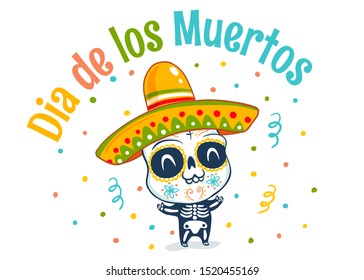 Vector kawaii kid in skeleton costume for Dead day. Dia de los Muertos skull.