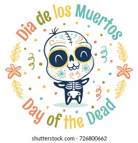 Vector kawaii kid in skeleton costume for Dead day. Dia de los Muertos