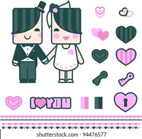 Vector kawaii love couple or wedding or st. Valentine day set on white