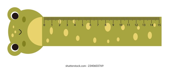 Vector kawaii measuring ruler with smiling frog. Student measuring tool with green funny animal face. Cute school ruler with baby frog head. Centimeter scales.