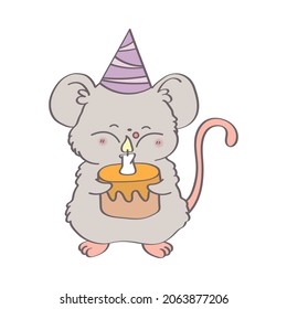 Vector kawaii mouse. Happy birthday mouse with cake. Cartoon illustration for greeting cards, nursery room decor and party invitations.