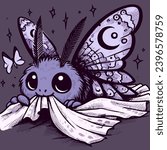 Vector of a kawaii nocturnal lepidopteran chewing on a piece of fabric. Cute illustration of a butterly moth eating clothes