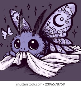 Vector of a kawaii nocturnal lepidopteran chewing on a piece of fabric. Cute illustration of a butterly moth eating clothes